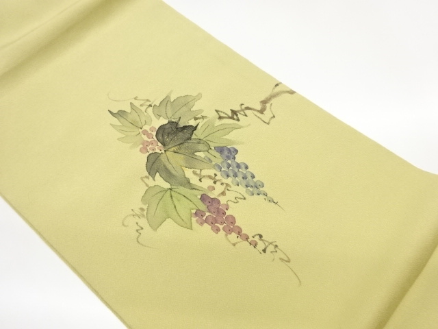 作家物　縮緬地金彩手描き葡萄模様開き名古屋帯（額縁仕立て）